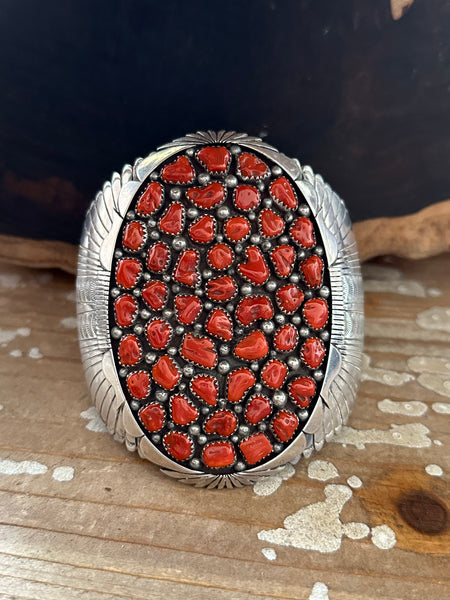 KENNETH JOHNSON Red Coral Cluster Navajo Large Mens Cuff