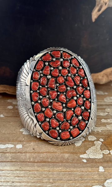 KENNETH JOHNSON Red Coral Cluster Navajo Large Mens Cuff