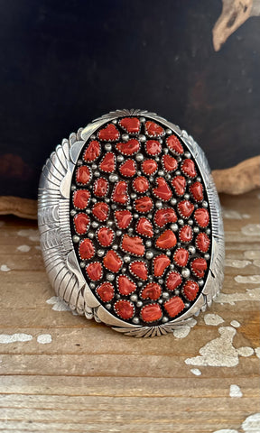 KENNETH JOHNSON Red Coral Cluster Navajo Large Mens Cuff