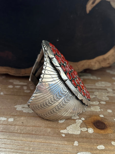 KENNETH JOHNSON Red Coral Cluster Navajo Large Mens Cuff