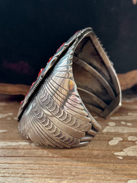 KENNETH JOHNSON Red Coral Cluster Navajo Large Mens Cuff