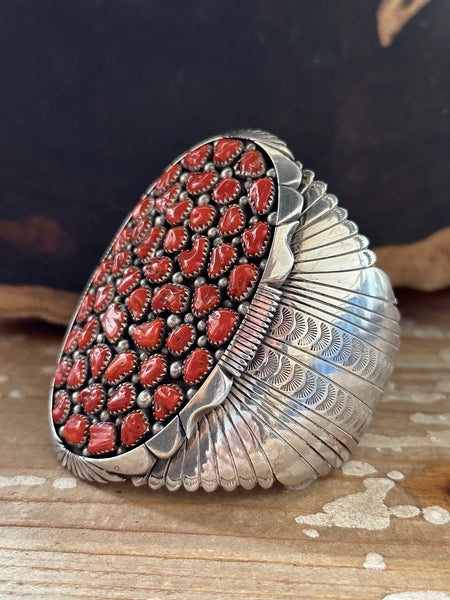 KENNETH JOHNSON Red Coral Cluster Navajo Large Mens Cuff