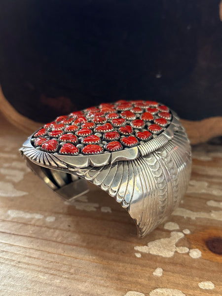 KENNETH JOHNSON Red Coral Cluster Navajo Large Mens Cuff