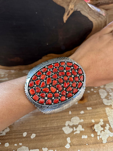 KENNETH JOHNSON Red Coral Cluster Navajo Large Mens Cuff