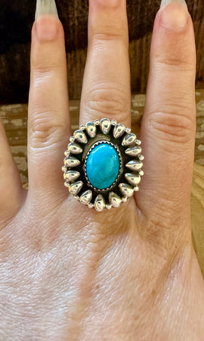 ADJUSTABLE TURQUOISE FLOWER Sterling Silver Ring • Size 7.5 Adj.