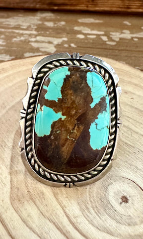 CUTE CATTLE Chimney Butte Navajo Large Ring Sterling Silver, Turquoise • Size 8 1/4