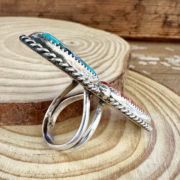 OPPOSITES ATTRACT Vintage Rose Castillo Ring Sterling Silver, Turquoise, Spiny Oyster • Size 9