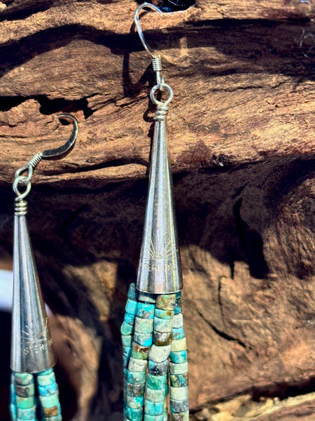 CORRAINE SMITH Navajo Kingman Turquoise Beaded Fringe Dangle Earrings