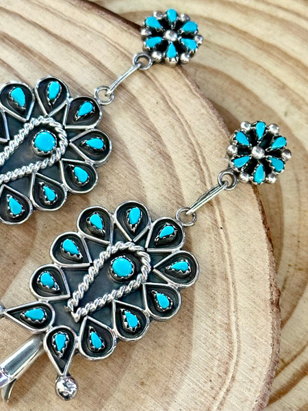 STAR FLOWER Sterling Silver & Turquoise Dangle Stud Earrings Native Made, 14g