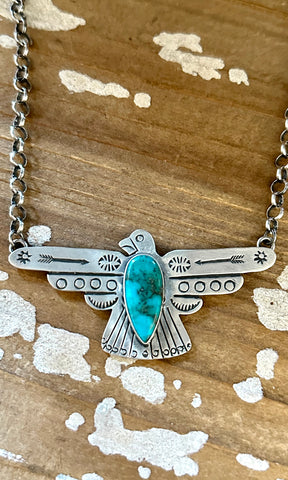 RUSSELL SAM Navajo Thunderbird Sterling Silver & Turquoise Necklace Pendant • 28g