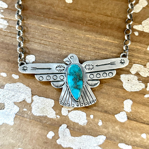 RUSSELL SAM Navajo Thunderbird Sterling Silver & Turquoise Necklace Pendant • 28g