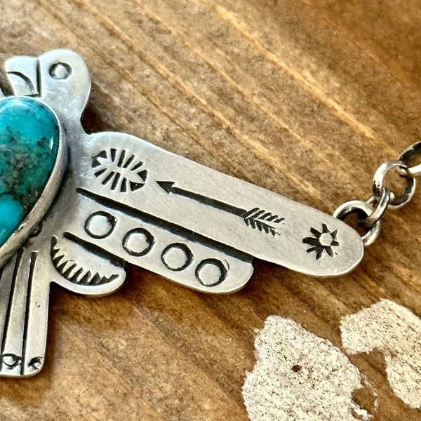 RUSSELL SAM Navajo Thunderbird Sterling Silver & Turquoise Necklace Pendant • 28g