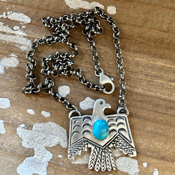 THUNDERBIRD Native Sterling Silver & Turquoise Necklace Pendant • 18g