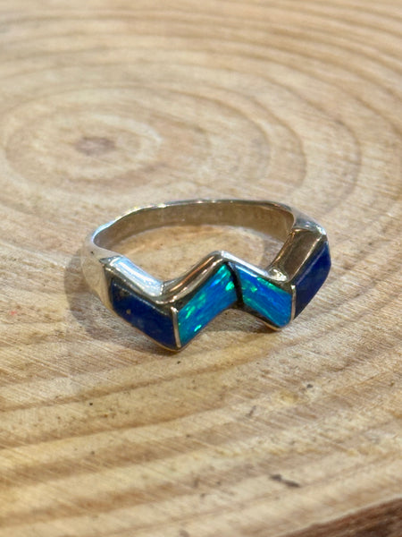 BLUE WAVES Multi Stone Inlay Zig-Zag Sterling Silver Ring • Sizes 6 1/4 & 6 1/2