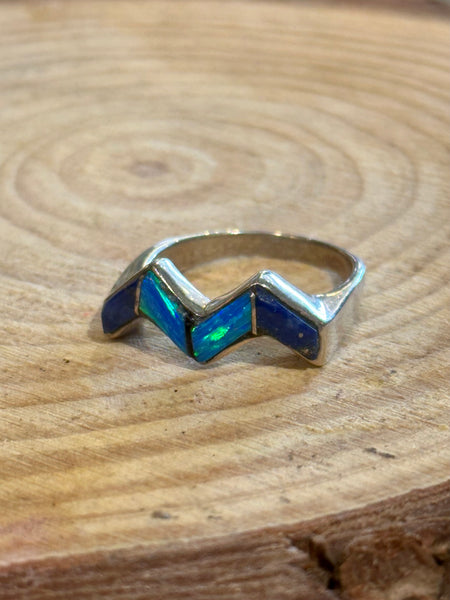 BLUE WAVES Multi Stone Inlay Zig-Zag Sterling Silver Ring • Sizes 6 1/4 & 6 1/2