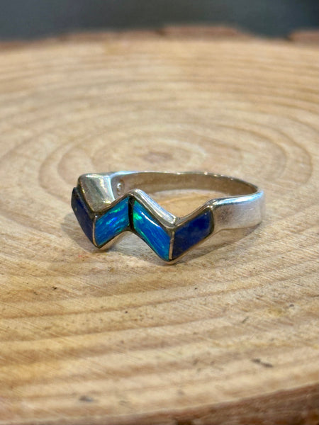 BLUE WAVES Multi Stone Inlay Zig-Zag Sterling Silver Ring • Sizes 6 1/4 & 6 1/2