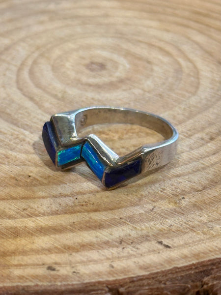 BLUE WAVES Multi Stone Inlay Zig-Zag Sterling Silver Ring • Sizes 6 1/4 & 6 1/2