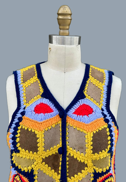 AWARE LEATHER CROCHET Vintage 70s Vest • Sm. to Med.