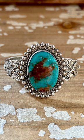JANE YIKAAZBA POPOVITCH Navajo Vintage 30s/50s Turquoise Sterling Silver Cuff 28g