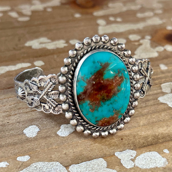 JANE YIKAAZBA POPOVITCH Navajo Vintage 30s/50s Turquoise Sterling Silver Cuff 28g