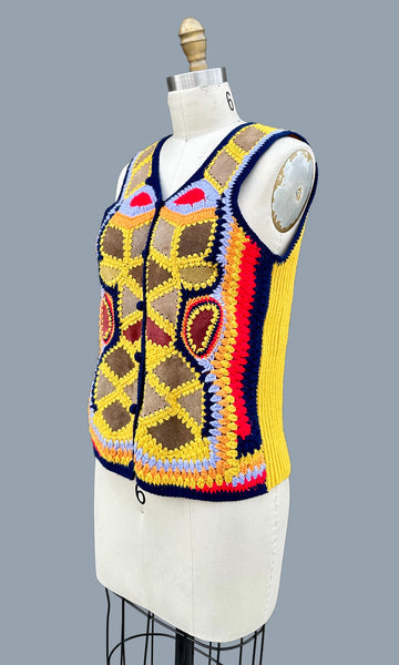 AWARE LEATHER CROCHET Vintage 70s Vest • Sm. to Med.