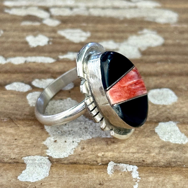 BRANDON ETCITTY Multi Stone Inlay Navajo Ring, Sterling Silver, Jet & Spiny Oyster • Size 7.5