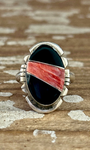 BRANDON ETCITTY Multi Stone Inlay Navajo Ring, Sterling Silver, Jet & Spiny Oyster • Size 7.5