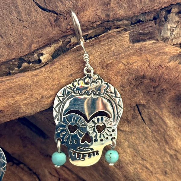 LAS CALAVERAS Mexican Sterling Silver & Turquoise Frida Kahlo Folk Skull Earrings