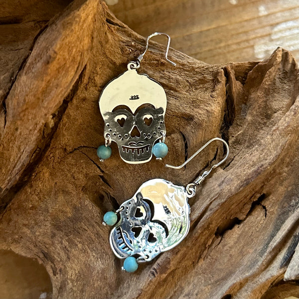 LAS CALAVERAS Mexican Sterling Silver & Turquoise Frida Kahlo Folk Skull Earrings