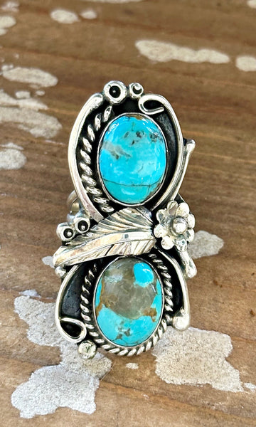 LITTLE C.R. Navajo, Dine'h Native Arts Turquoise Sterling Silver • Size 8