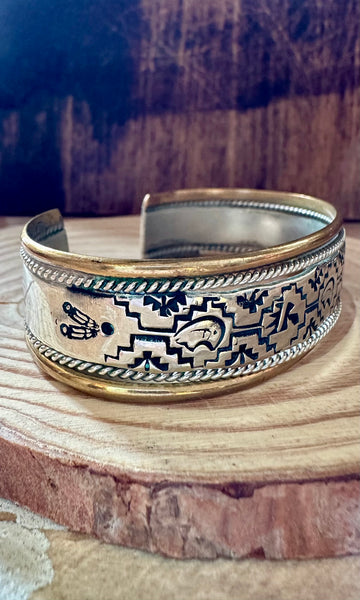 STERLING SILVER & 14K Gold Stamped Cuff • 24g