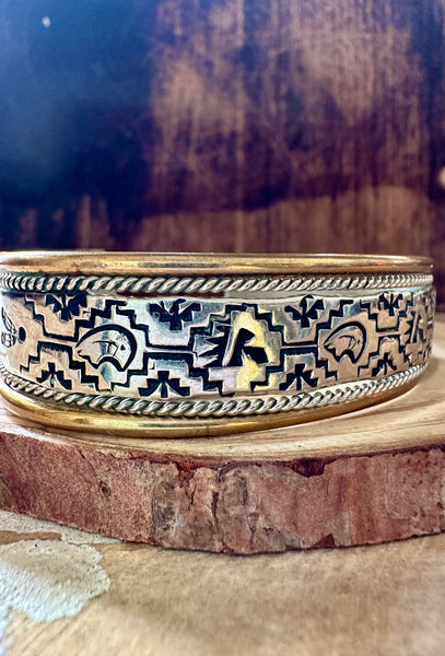 STERLING SILVER & 14K Gold Stamped Cuff • 24g