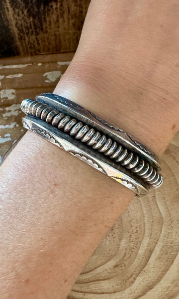 VINTAGE STERLING SILVER Stamped & Twisted Rope Cuff • 36g