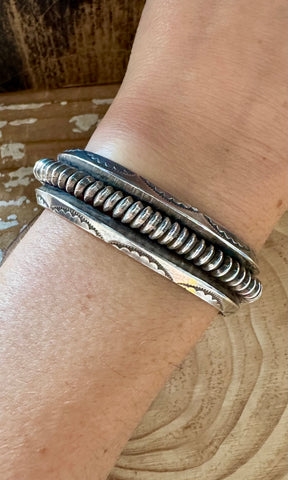 VINTAGE STERLING SILVER Stamped & Twisted Rope Cuff • 36g