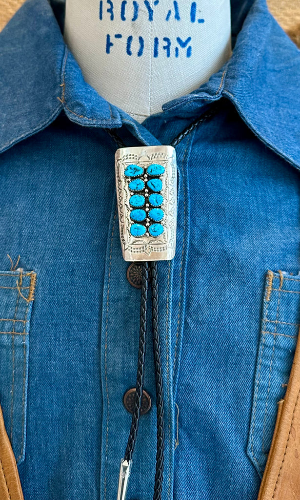 NAVAJO TURQUOISE PIANO Sterling Silver Bolo Tie w/ Leather Cord