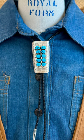 NAVAJO TURQUOISE PIANO Sterling Silver Bolo Tie w/ Leather Cord