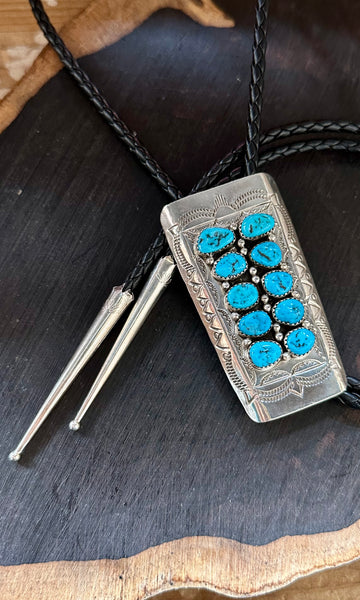 NAVAJO TURQUOISE PIANO Sterling Silver Bolo Tie w/ Leather Cord