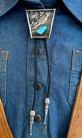 ROAD RUNNER Vintage Sterling Silver & Turquoise Bolo Tie w/ Leather Cord