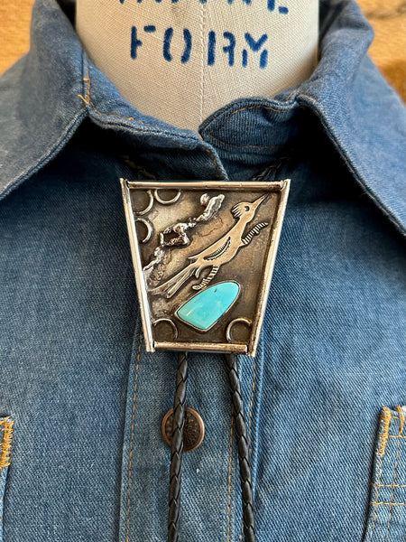 ROAD RUNNER Vintage Sterling Silver & Turquoise Bolo Tie w/ Leather Cord