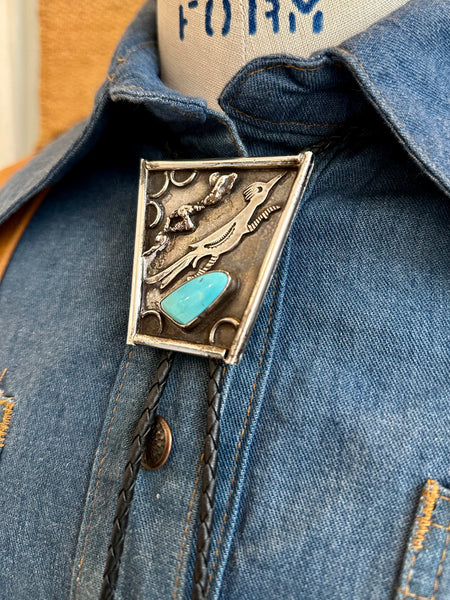 ROAD RUNNER Vintage Sterling Silver & Turquoise Bolo Tie w/ Leather Cord