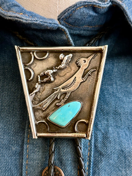 ROAD RUNNER Vintage Sterling Silver & Turquoise Bolo Tie w/ Leather Cord