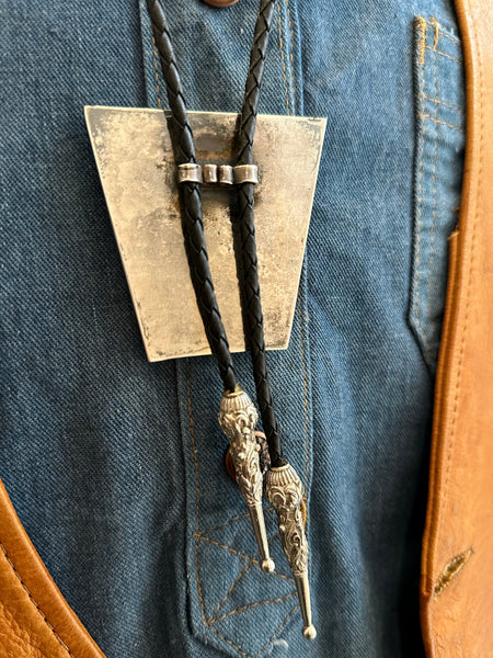 ROAD RUNNER Vintage Sterling Silver & Turquoise Bolo Tie w/ Leather Cord