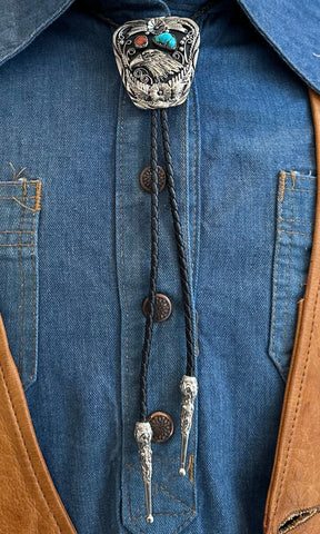 FLY HIGH Eagle Bolo Tie w/ Leather Cord, Silver Color Most Likely Nickel, Coral & Turquoise