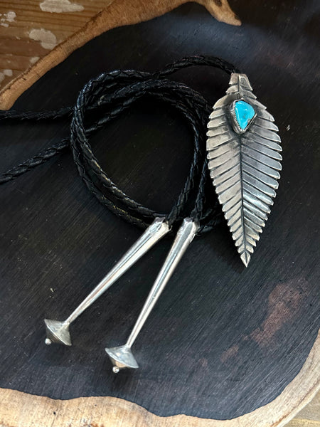 BENNETT PAT PEND Feather Bolo Tie w/ Leather Cord, Sterling Silver & Turquoise