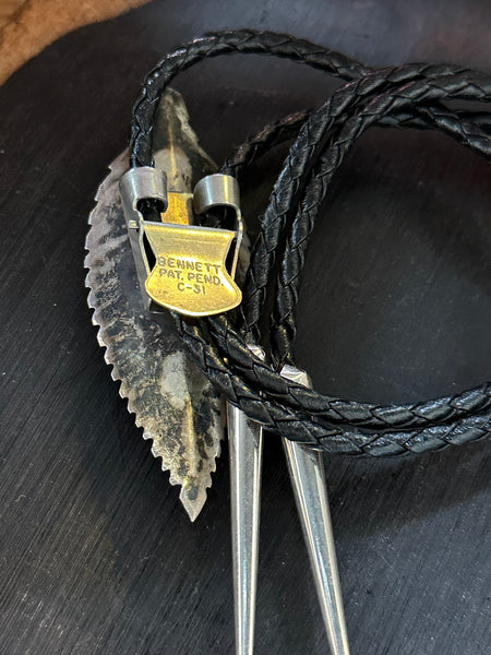 BENNETT PAT PEND Feather Bolo Tie w/ Leather Cord, Sterling Silver & Turquoise