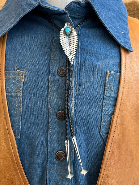 BENNETT PAT PEND Feather Bolo Tie w/ Leather Cord, Sterling Silver & Turquoise
