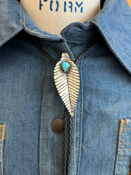 BENNETT PAT PEND Feather Bolo Tie w/ Leather Cord, Sterling Silver & Turquoise