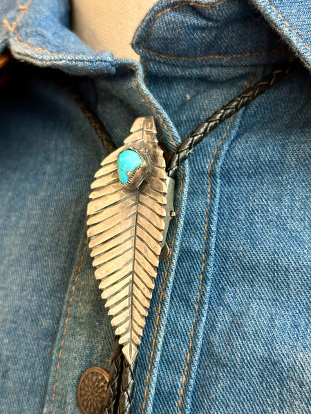BENNETT PAT PEND Feather Bolo Tie w/ Leather Cord, Sterling Silver & Turquoise