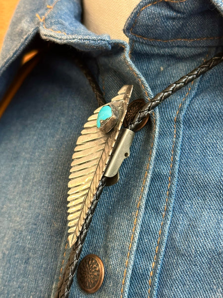 BENNETT PAT PEND Feather Bolo Tie w/ Leather Cord, Sterling Silver & Turquoise