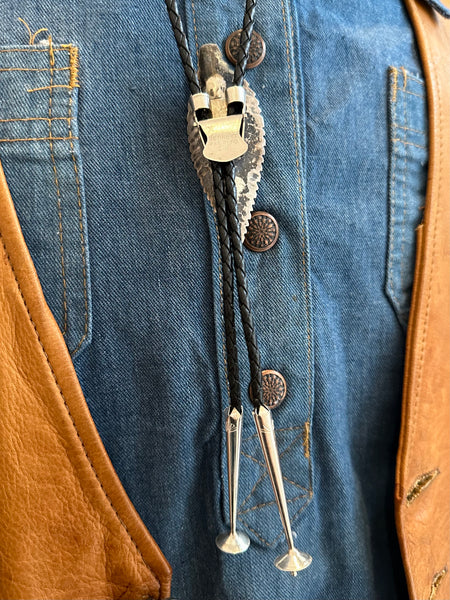 BENNETT PAT PEND Feather Bolo Tie w/ Leather Cord, Sterling Silver & Turquoise